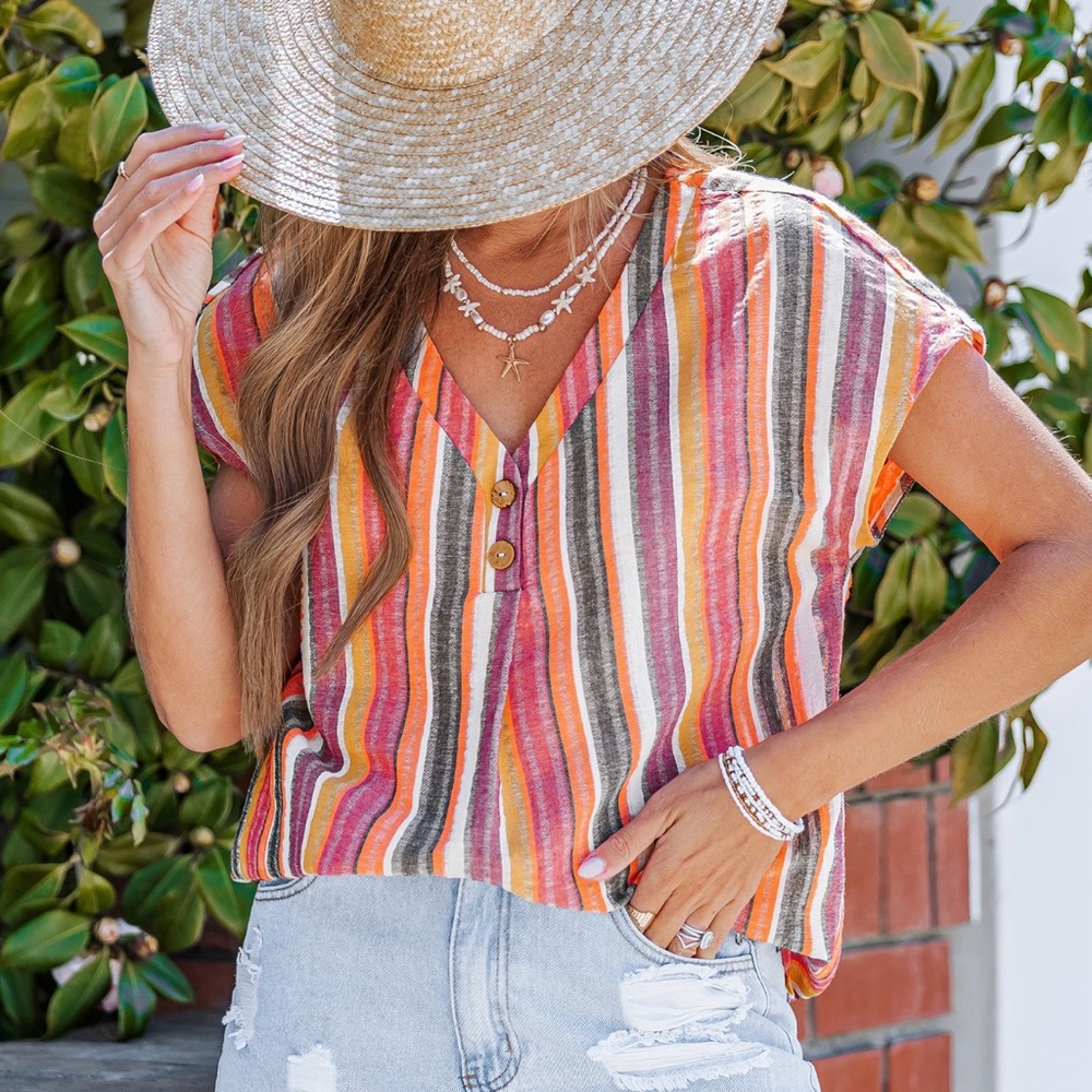 CUPSHE Radiance Rush Striped Button V Neck Linen Summer Top Size Large NWT